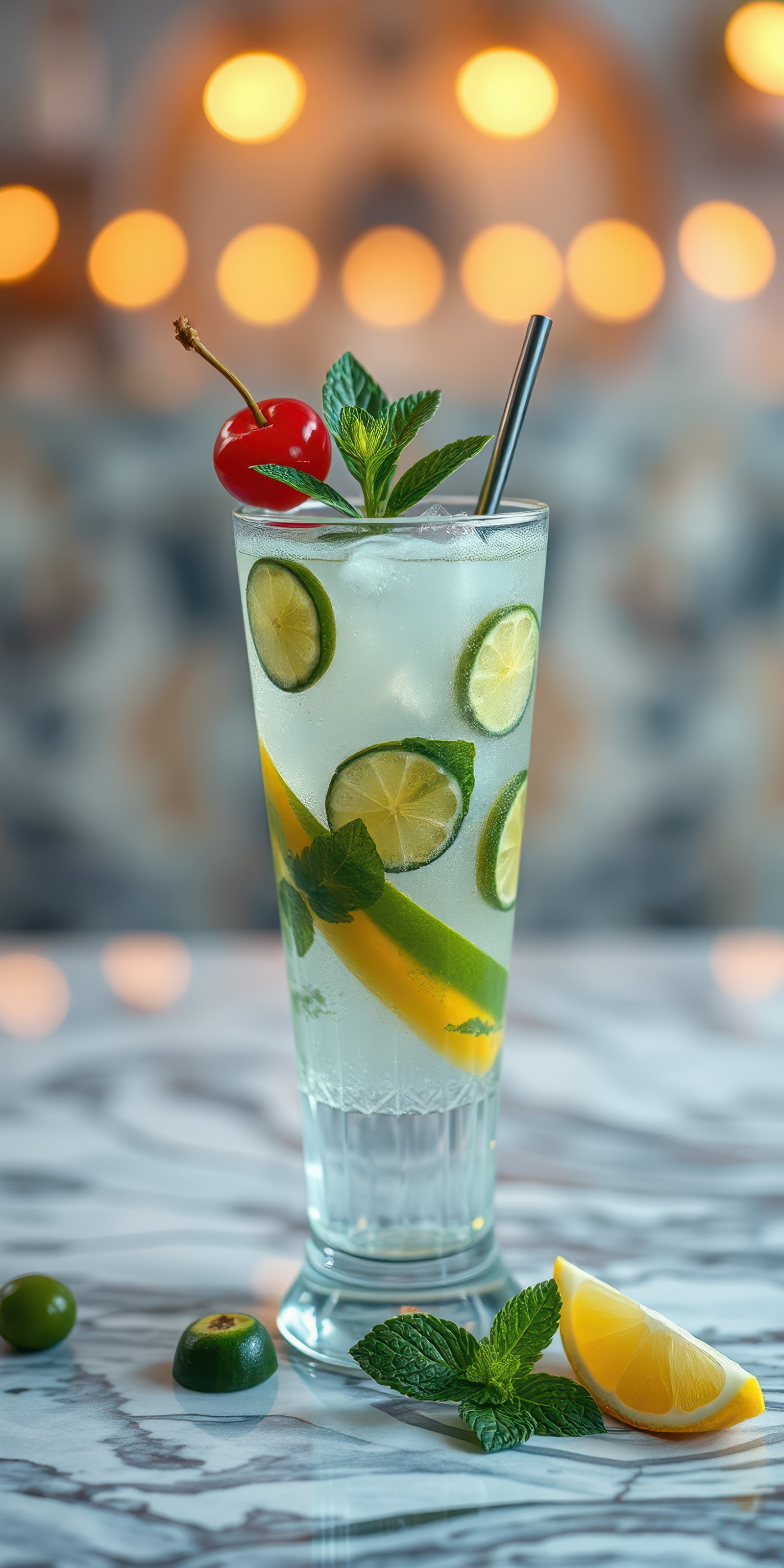 Refreshing mojito with citrus fruits and mint in a stylish bar setting during a vibrant evening